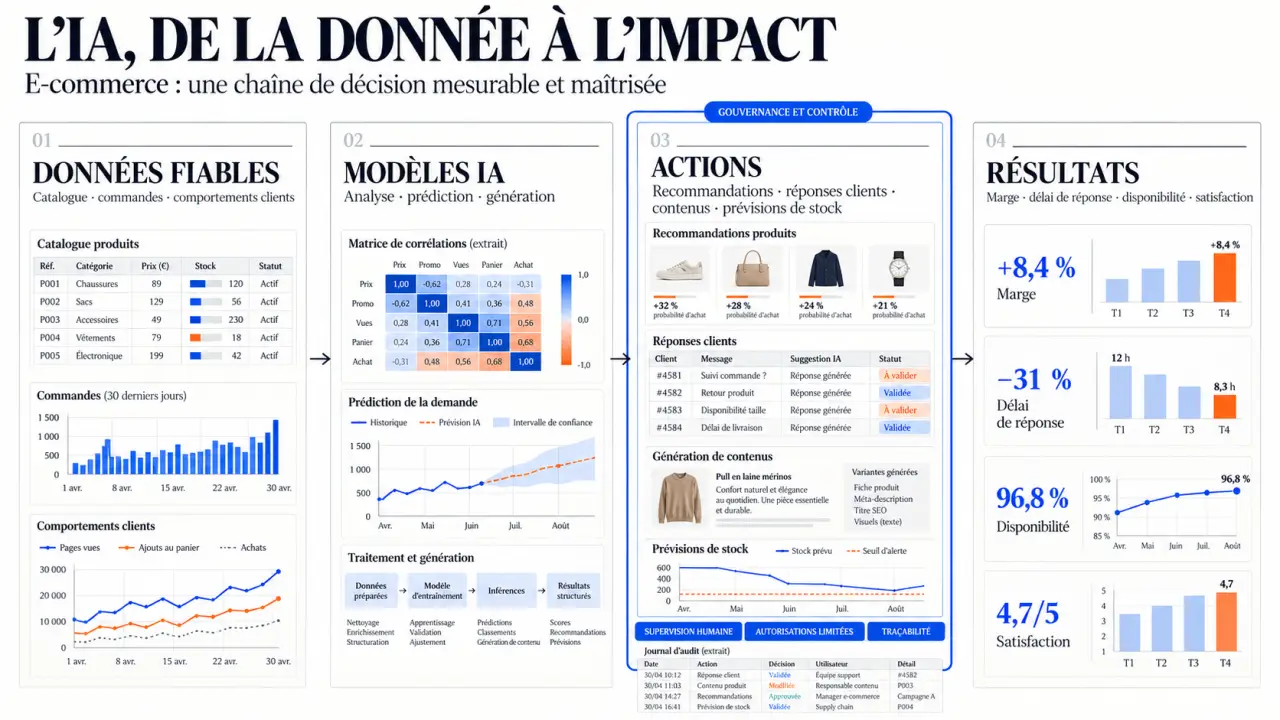 Schéma éditorial de l’IA e-commerce reliant données, modèles, actions et supervision humaine