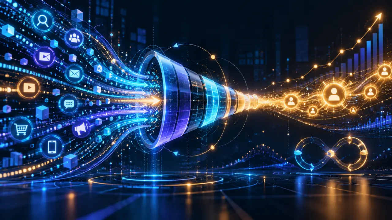 Visualisation abstraite d'un funnel B2B et de courbes de croissance