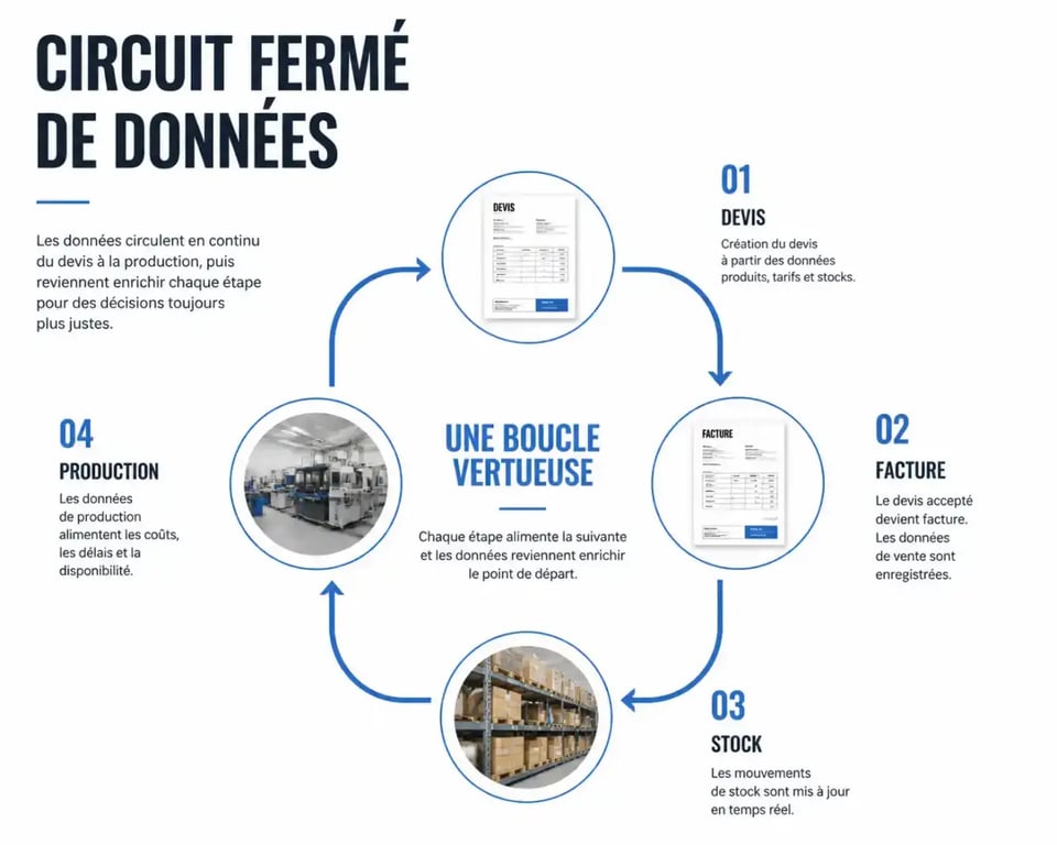 Schéma du circuit fermé d'un logiciel métier reliant devis, facture et stock