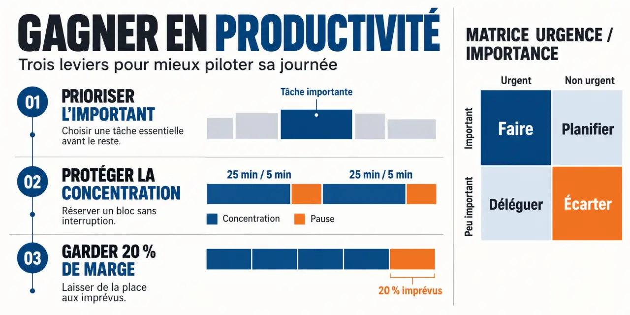Infographie pour gagner en productivité en priorisant, protégeant sa concentration et gardant une marge pour les imprévus