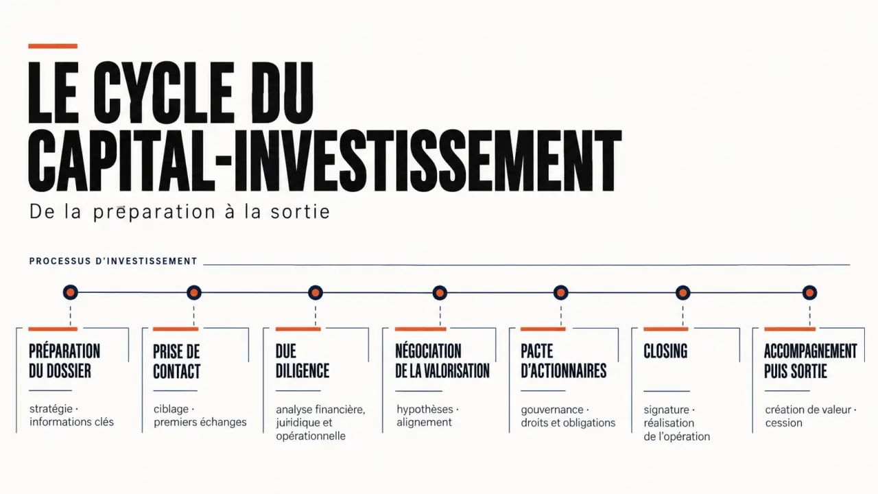 Schéma du cycle d’une opération de capital-investissement de l’entrée à la sortie