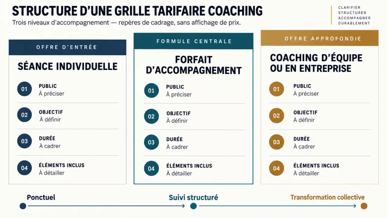 Infographie présentant une grille tarifaire coaching organisée par formats d’accompagnement