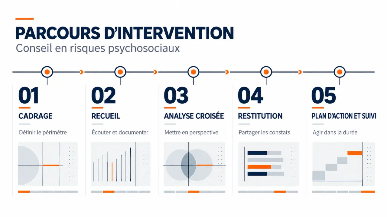 Parcours d’intervention d’un cabinet conseil en risques psychosociaux en cinq étapes